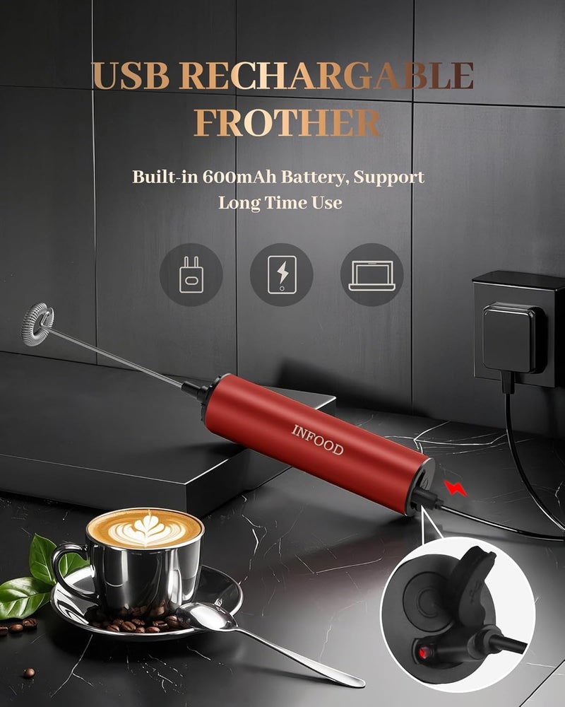 INFOOD Milk Frother Rechargeable with Cover - Coffee Frother Wand, Drink Mixer Handheld with 2 Detachable Stainless Whisks 2 Speed Adjustable for Latte, Cappuccino, Hot Chocolate, Egg, Red - Image 2
